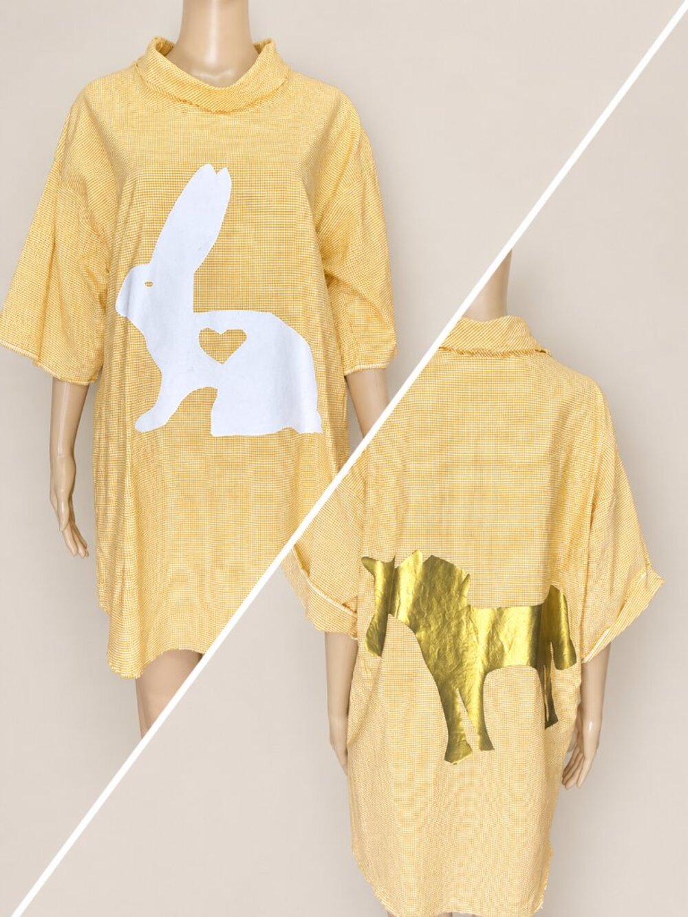 Skif International Yellow Gingham Bunny Unicorn Oversized Tunic Dress OSFM Large